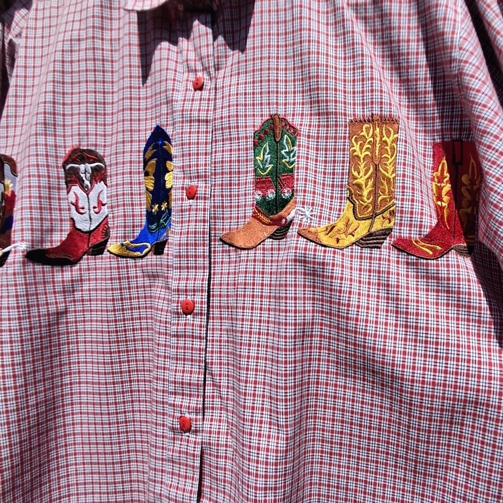 Croquet Thailand Shirt Pink Gingham Embroidered Western Boots Women Size Medium - Picture 15 of 16